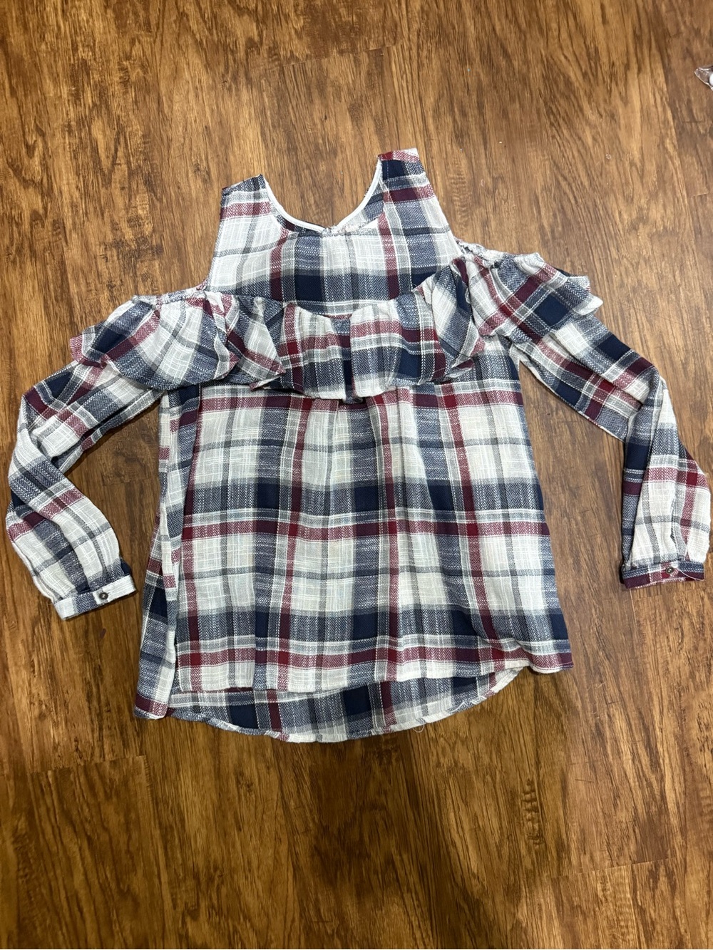 Doe & Rae Women’s Cold-Shoulder Flannel Plaid Top in Navy, White & Burgundy